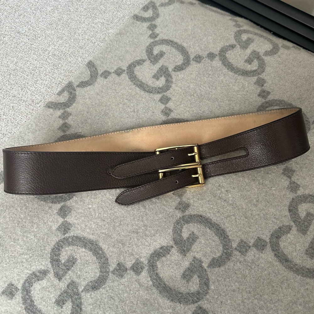 RARE Vintage Furla Double Buckle Brown Leather Belt With Gold Buckle Size Large
